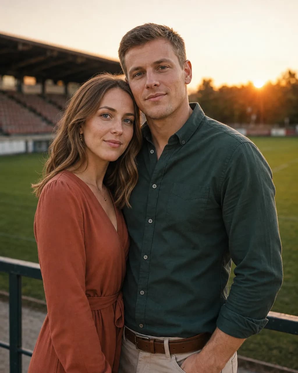 Jakub Kopal a Lucie Hájková stojí spolu na prázdném fotbalovém stadionu při západu slunce